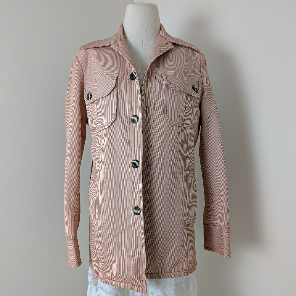 70's Pinstripe Blazer Size Medium Overcoat Pastel Dagger Collar Vintage Office - Picture 7 of 14